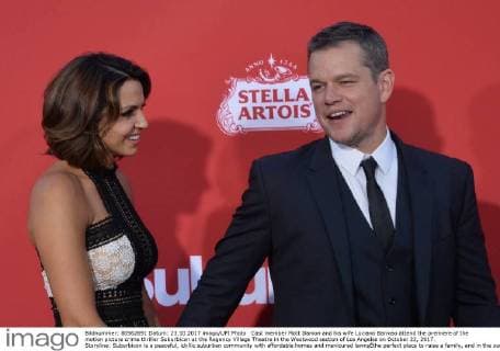 Cast member Matt Damon and his wife Luciana Barroso attend the premiere of the motion picture crime thriller Suburbicon at the Regency Village Theatre in the Westwood section of Los Angeles on October 22, 2017. Storyline: Suburbicon is a peaceful, idyllic suburban community with affordable homes and manicured lawnsÉthe perfect place to raise a family, and in the summer of 1959, the Lodge family is doing just that. But the tranquil surface masks a disturbing reality, as husband and father Gardner Lodge (Matt.Damon) must navigate the townÕs dark underbelly of betrayal, deceit, and violence. This is a tale of.very flawed people making very bad choices. This is Suburbicon.  LAP2017102234 JIMxRUYMEN