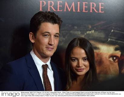 Miles Teller (L) and Keleigh Sperry arrive for the premiere of Thank You for Your Service at the Regal L.A. LIVE in Los Angeles on October 23, 2017.  LAP20171023701 CHRISTINExCHEW