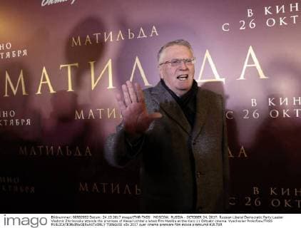 MOSCOW, RUSSIA - OCTOBER 24, 2017: Russian Liberal Democratic Party Leader Vladimir Zhirinovsky attends the premiere of Alexei Uchitel s latest film Matilda at the Karo 11 Oktyabr cinema. Vyacheslav Prokofyev TASS  TS06665E