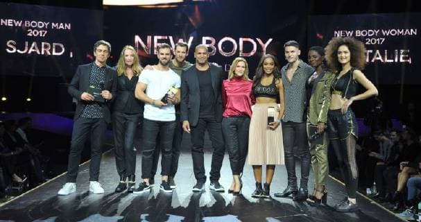 New Body Award Winner and the presenters Nikeata Thompson Harald the Jury Baptiste Giabiconi CEO McFit Models Anja Tillack Model Tatyana Patitz Pierre GeisenDesign setter McFit Models Europe largest Award the sporty People with the New Body Award in Tempodrom in Berlin at 26 10 2017