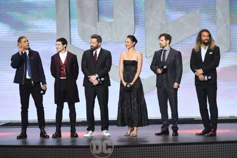 (From left) American stage actor Ray Fisher, actor and singer Ezra Miller, actor and director Ben Affleck, Israeli actress and model Gal Gadot, British actor Henry Cavill, and American actor and model Jason Momoa attend a press conference for the movie Justice League in Beijing, China, 26 October 2017. Gal Gadot, Ben Affleck, and Henry Cavill team up to endorse film Justice League in Beijing  pbu701229_15