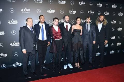 (From left) American film producer Charles Roven, stage actor Ray Fisher, actor and singer Ezra Miller, actor and director Ben Affleck, Israeli actress and model Gal Gadot, British actor Henry Cavill, and American actor and model Jason Momoa pose as they arrive on the red carpet for the movie Justice League in Beijing, China, 26 October 2017. Gal Gadot, Ben Affleck, and Henry Cavill team up to endorse film Justice League in Beijing pbu701221_20