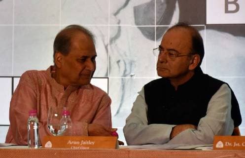 MUMBAI, INDIA - OCTOBER 28: Finance Minister and Minister of Corporate Affairs Arun Jaitley with Chairman and Board of Trustees Rahul Bajaj during the 40th Jamnalal Bajaj Foundation Awards at The Taj Mahal Palace Hotel, on October 28, 2017 in Mumbai, India. Every year, these awards of the Foundation are given to honor and encourage the unprecedented contributions of individuals towards the upliftment and development of the society, rural community and the nation, at large. (Photo by Kunal Patil Hindustan Times ) Finance Minister Arun Jaitley Attends 40th Jamnalal Bajaj Foundation Awards