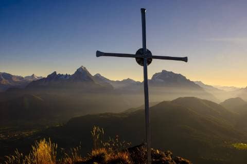 Evening light at Summit Cross the Rauhen Head left Watzmann right Cold high Evening light Berchtesgaden Alps Berchtesgaden Country Upper Bavaria Bavaria Germany Europe Copyright: imageBROKER/HerbertxBerger ibxheb04588401.jpg