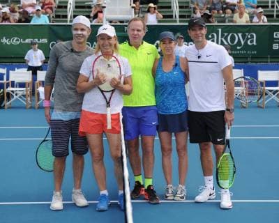 DELRAY BEACH FL NOVEMBER 04 Timothy Olyphant Martina Navratilova Patrick McEnroe Chris Evert and Scott Foley attend the Chris Evert Raymond James Pro Celebrity Tennis Classic at the Delray Beach Tennis Center on November 4 2017 in Delray Beach Florida Copyright: xmpi04x