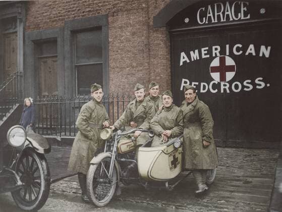 American Red Cross unit in Great Britain One unit of the famous Flying Squadron priding themselves on being able to get underway within three minutes of the time a call is received American Red Cross circa 1918 This photo has been digitally restored and colorized  Copyright: StocktrekxImages STK501272A