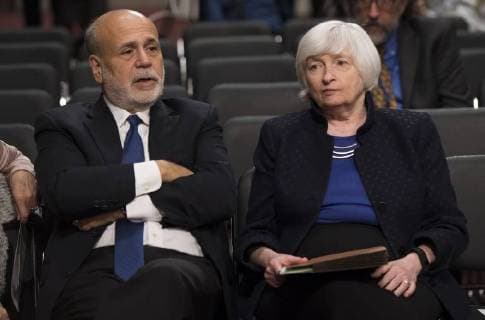 Federal Reserve Chair Janet Yellen and former Chair Ben Bernanke sit next to each other prior to both be awarded the Paul H. Douglas Award for Ethics in Government during a ceremony on Capitol Hill in Washington, D.C. on November 7, 2017. The award, presented by the University of Illinois, highlights individuals who embody strong ethical behavior.  WAP20171107332 KEVINxDIETSCH