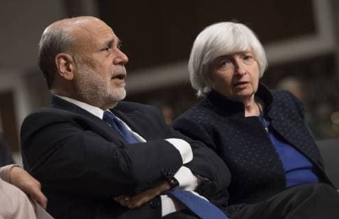 Federal Reserve Chair Janet Yellen and former Chair Ben Bernanke sit next to each other prior to both be awarded the Paul H. Douglas Award for Ethics in Government during a ceremony on Capitol Hill in Washington, D.C. on November 7, 2017. The award, presented by the University of Illinois, highlights individuals who embody strong ethical behavior.  WAP20171107333 KEVINxDIETSCH