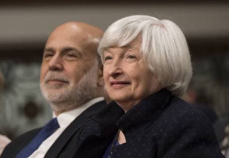 Federal Reserve Chair Janet Yellen and former Chair Ben Bernanke sit next to each other prior to both be awarded the Paul H. Douglas Award for Ethics in Government during a ceremony on Capitol Hill in Washington, D.C. on November 7, 2017. The award, presented by the University of Illinois, highlights individuals who embody strong ethical behavior.  WAP20171107336 KEVINxDIETSCH