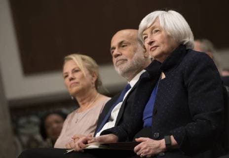 Federal Reserve Chair Janet Yellen and former Chair Ben Bernanke sit next to each other prior to both be awarded the Paul H. Douglas Award for Ethics in Government during a ceremony on Capitol Hill in Washington, D.C. on November 7, 2017. The award, presented by the University of Illinois, highlights individuals who embody strong ethical behavior.  WAP20171107337 KEVINxDIETSCH