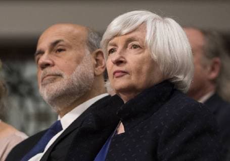 Federal Reserve Chair Janet Yellen and former Chair Ben Bernanke sit next to each other prior to both be awarded the Paul H. Douglas Award for Ethics in Government during a ceremony on Capitol Hill in Washington, D.C. on November 7, 2017. The award, presented by the University of Illinois, highlights individuals who embody strong ethical behavior.  WAP20171107338 KEVINxDIETSCH