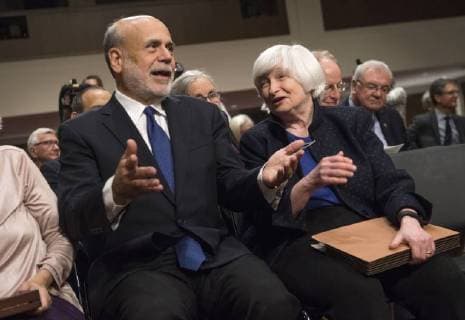 Federal Reserve Chair Janet Yellen and former Chair Ben Bernanke talk after both receiving the Paul H. Douglas Award for Ethics in Government during a ceremony on Capitol Hill in Washington, D.C. on November 7, 2017. The award, presented by the University of Illinois, highlights individuals who embody strong ethical behavior.  WAP20171107340 KEVINxDIETSCH