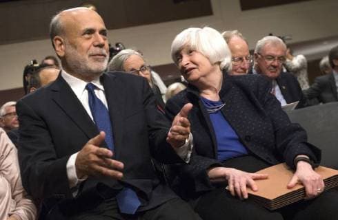 Federal Reserve Chair Janet Yellen and former Chair Ben Bernanke talk after both receiving the Paul H. Douglas Award for Ethics in Government during a ceremony on Capitol Hill in Washington, D.C. on November 7, 2017. The award, presented by the University of Illinois, highlights individuals who embody strong ethical behavior.  WAP20171107341 KEVINxDIETSCH