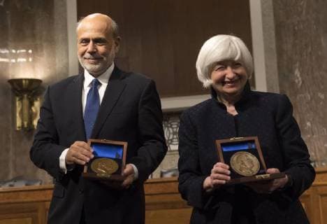 Federal Reserve Chair Janet Yellen and former Chair Ben Bernanke receive the Paul H. Douglas Award for Ethics in Government during a ceremony on Capitol Hill in Washington, D.C. on November 7, 2017. The award, presented by the University of Illinois, highlights individuals who embody strong ethical behavior.  WAP20171107344 KEVINxDIETSCH
