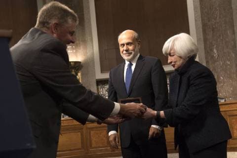 Dr. Timothy Koritz presents the Paul H. Douglas Award for Ethics in Government to Federal Reserve Chair Janet Yellen and former Chair Ben Bernanke, during a ceremony on Capitol Hill in Washington, D.C. on November 7, 2017. The award, presented by the University of Illinois, highlights individuals who embody strong ethical behavior.  WAP20171107345 KEVINxDIETSCH