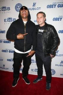 LOS ANGELES CA NOVEMBER 7 L L Cool J Shepard Fairey at Photo Op For Hulu s Obey Giant at the The Theatre at Ace Hotel in Los Angeles California on November 7 2017 Copyright: xFayexSadoux