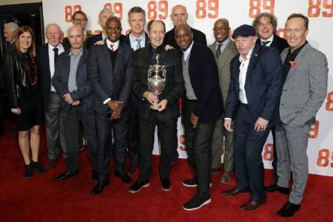 Deputy football correspondent for the Observer Amy Lawrence, Irish former footballer Theo Foley, English former professional footballer Tony Adams, English writer Nick Hornby, English former professional footballer Alan Smith, English former professional footballer Michael Thomas, Scottish former football player and manager George Graham, English former professional footballer Steve Bould, English former professional footballer Ian Wright, English former footballer Perry Groves, English stand-up comedian and actor Alan Davies and English former footballer Lee Dixon attend the World Premiere of 89 at the Odeon Holloway in London NOVEMBER 8th 2017 MESx172588