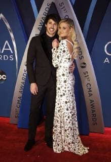 Morgan Evans (L) and Kelsea Ballerini arrive for the 51st Annual Country Music Association Awards on November 8, 2017 at the Bridgestone Arena in Nashville.  NAS20171108181 JOHNxSOMMERSxII