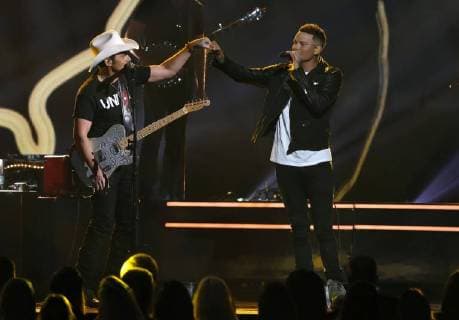 Brad Paisley and Kane Brown perform at the 51st Annual Country Music Association Awards on November 8, 2017 at the Bridgestone Arena in Nashville.  NAS20171108304 JOHNxSOMMERSxII