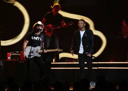 Brad Paisley and Kane Brown perform at the 51st Annual Country Music Association Awards on November 8, 2017 at the Bridgestone Arena in Nashville.  NAS20171108308 JOHNxSOMMERSxII