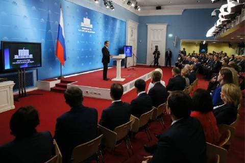 MOSCOW, RUSSIA â€“ NOVEMBER 9, 2017: Russia s Prime Minister Dmitry Medvedev (C) at a ceremony to present Russian government quality awards in 2017. Yekaterina Shtukina Russian Government Press Office TASS  TS0685D6