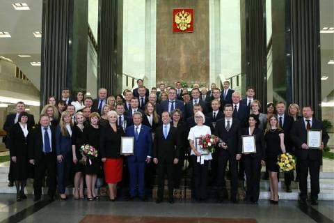 MOSCOW, RUSSIA â€“ NOVEMBER 9, 2017: Russia s Prime Minister Dmitry Medvedev (C front) at a ceremony to present Russian government quality awards in 2017. Yekaterina Shtukina Russian Government Press Office TASS  TS0685D7