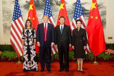 November 9, 2017 - Beijing, China - U.S President Donald Trump, first lady Melania Trump, Chinese President Xi Jinping, and his wife Peng Liyuan, stand for a photo during the formal arrival ceremony at the Great Hall of the People November 9, 2017, in Beijing, China. Trump is on the third leg of a 13-day swing through Asia. Beijing China - ZUMAp138 20171109_zaa_p138_009 Copyright: xShealahxCraigheadx