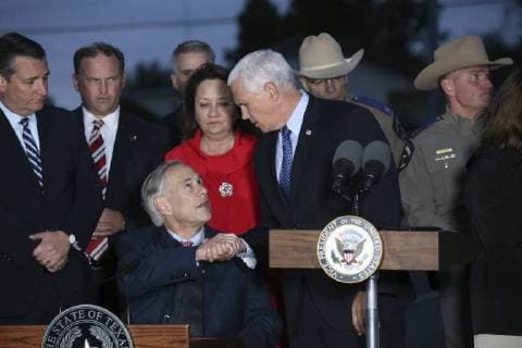 November 8, 2017 - Sutherland Springs, TX, USA - U. S. Vice President Mike Pence shakes hands with Texas Gov. Greg Abbott after addressing the media at the Sutherland Springs, Texas First Baptist Church, Wednesday, Nov. 8, 2017. Sutherland Springs USA - ZUMAa27_ 20171108_zaf_a27_025 Copyright: xJerryxLarax