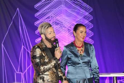 10 11 2017 Frankfurt at Main Fraport Arena Gala Talent Contest Fashion and Design Fashion designer Harald Glööckler and Stitz Krämer President Founder of Frankfurt Style Award