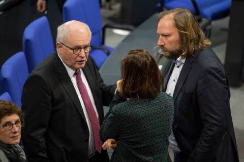 politics German Bundestag 2 Meeting the German Bundestag at Tuesday the 21 November 2017 in Picture From left to right Volker Kauder CDU in Conversation with the Group chairman from Buendnis 90 the green Katrin Goering Eckardt and Anton Hofreiter 21 11 2017 Berlin