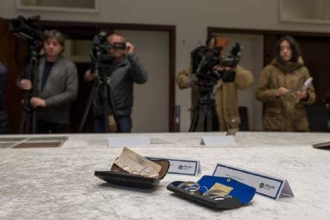 Press conference the Berlin Police to seized Items out the Discount from John Lennon in Berlin Polizeipraesidium at square the Luftbruecke with Joerg Raupach Leader Prosecutor Berlin Susann Prosecutor Martin Steltner Spokesman General Prosecutor u0026 39;s Office Carsten Pfohl Leader qualified Landeskrimi