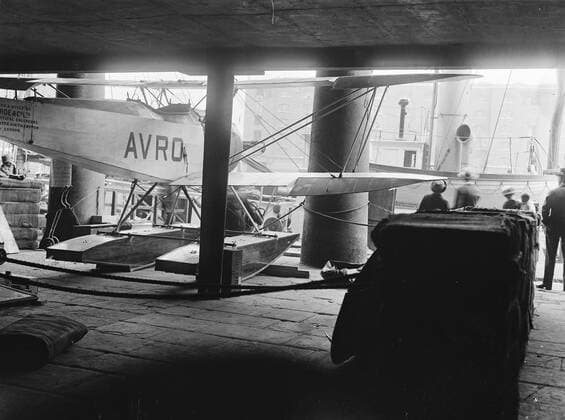 The Antarctic Avro . The Avro Antarctic aeroplane , which is to be taken on the Quest for the Shackleton Antarctic Expedition , photographed at the St Katherine s Dock with the Quest in the background . 2 September 1921, London United Kingdom England Copyright: Topfoto  UnitedArchivesEU007104