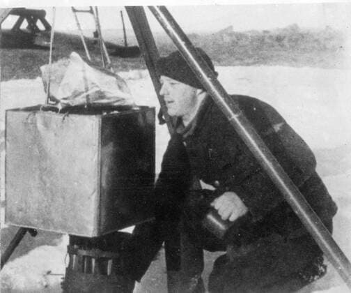 New pictures of Soviet scientist on ice floe, expedition rescued after drifting in Polar Seas. These pictures, just received in London, show the Soviet polar expedition on the North pole ice floe, in which they lived for nine months. Rescue expeditions succeeded in reaching the scientists as the ice crumbled beneath them and they are now on their way home. The expedition consisted of Ivan Papanin, (leader), Ernest Krenkel, radio operator, Pyotr Shirshov and Eugene Federov. Photo shows, preparing breakfast on the ice floe. 3 March 1938, Arctic Copyright: Topfoto  UnitedArchivesEU052985