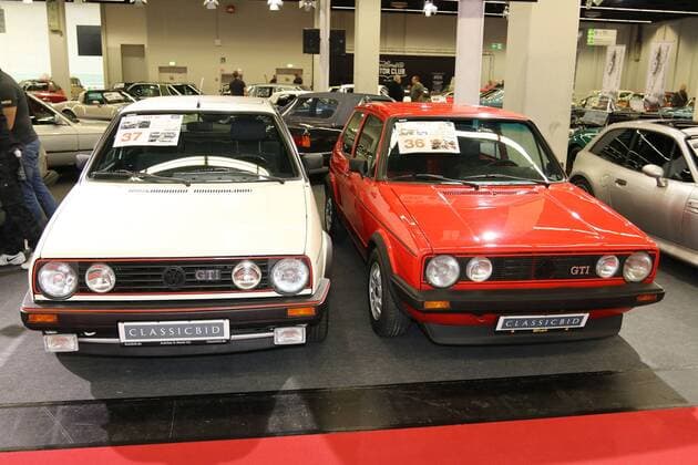 VW Golf I GTI Year of construction 1981 right and VW Golf II GTI Year of construction 1986 Retro Classics Cologne 24 26 11 2017 KoelnMesse Retro Fairs Oldtimer Oldtimermesse classic cars Motor show Cologne D