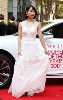 November 24, 2017, Tokyo, Japan - Japanese actress Riho Yoshioka poses for photo on the red carpet as she receives the trophy of Vogue Japan Women of the Year 2017 award in Tokyo on Friday, November 24, 2017.  (lwxa016174)