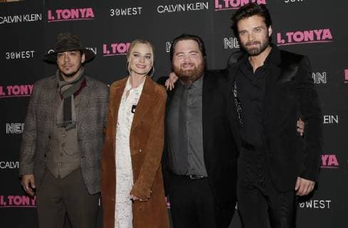 Ricky Russert, Margot Robbie, Paul Walter Hauser and Sebastian Stan arrive on the red carpet at the I, Tonya New York Premiere at Village East Cinema on November 28, 2017 in New York City.  NYP20171128111 JOHNxANGELILLO