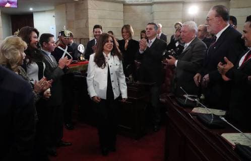 Colombian writer Pilar Velez (C) receives the National Award for Communication and Journalism Alfonso Lopez Michelsen at the National Capitol in Bogota, Colombia, 30 November 2017. Velez received the prize for her contribution to the development and aggrandizement of that work in Miami, where she lives and presides over the Hispanic Heritage Literature Organization. Writer Pilar Velez is awarded in Colombia for her work in Miami !ACHTUNG: NUR REDAKTIONELLE NUTZUNG!  Copyright: xMauricioxDuenasxCastanedax BOG003 20171130-636476762494412947
