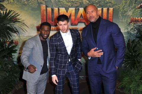 Kevin Hart, Nick Jonas and Dwayne Johnson attend Jumanji movie premiere at Le Grand Rex in Paris, France, on December 05, 2017. Photo by Favier E-PRESSPHOTO.COM Paris France  564599
