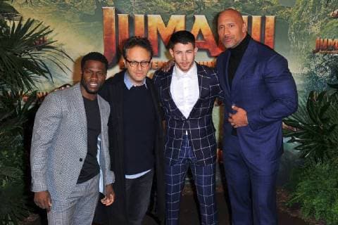 Kevin Hart, Jake Kasdan, Nick Jonas and Dwayne Johnson attend Jumanji movie premiere at Le Grand Rex in Paris, France, on December 05, 2017. Photo by Favier E-PRESSPHOTO.COM Paris France  564599