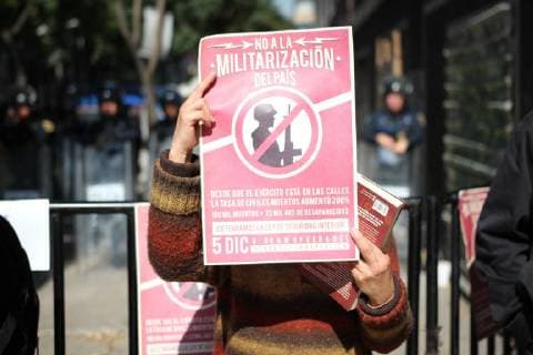 December 5, 2017 - Mexico City, Mexico - Activists hold banners against a law that militarises crime fighting in the country outside the Senate in Mexico City, Mexico December 5, 2017. Placards read, No to the Militarization in the Country Mexico City Mexico  - ZUMAn230 20171205_zaa_n230_551 Copyright: xEmilioxEspejelx