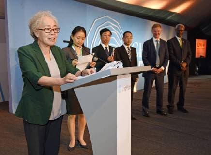 (171206) -- NAIROBI, Dec. 6, 2017 -- Chen Yanxian (1st L), a forester from China s Saihanba speaks during an awarding ceremony in Nairobi, Kenya, on Dec. 5, 2017. China s Saihanba afforestation community on Tuesday scooped a prestigious UN environmental award for its outstanding contribution to restoration of degraded landscapes, amid the national efforts to advance ecological civilization. ) (zy) KENYA-NAIROBI-CHINA-SAIHANBA AFFORESTATION COMMUNITY-UN AWARD ChenxCheng 