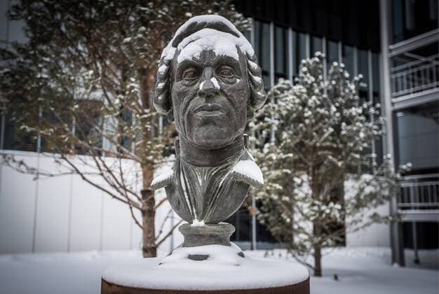 MOSCOW, RUSSIA - DECEMBER 7, 2017: A view of a bust of Danish explorer Vitus Bering outside the building of Skolkovo Technopark hosting startups at Skolkovo Innovation Centre. Stanislav Krasilnikov TASS  TS06C4AB
