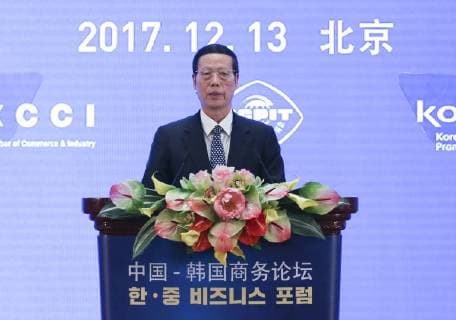 (171213) -- BEIJING, Dec. 13, 2017 -- Chinese Vice Premier Zhang Gaoli addresses the China-South Korea business forum in Beijing, capital of China, Dec. 13, 2017. Zhang Gaoli and visiting South Korean President Moon Jae-in attended the forum. ) (dhf) CHINA-SOUTH KOREA-BUSINESS FORUM (CN) YaoxDawei 
