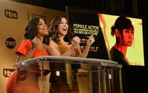 Actresses Niecy Nash (L) and Olivia Munn announce nominations onstage for the 24th annual SAG Awards at the Pacific Design Center in West Hollywood, California on December 13, 2017. Winners will be announced during a live Simulcast on Sunday, January 21.  LAP2017121305 JIMxRUYMEN