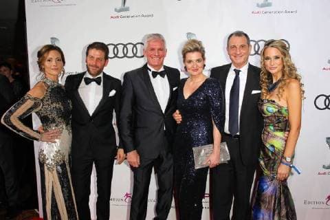 Philip Greffenius with wife Evelyne Alexander Schuhmacher Audi Germany with wife Stefanie Audi Generation Award 2017 at Hotel Bayerischer Hof in Munich on 13 12 2017