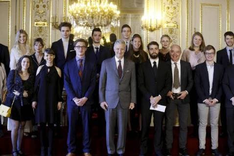 Ruben Matthys, King Philippe - Filip of Belgium and Milan Berckmans pictured during the award ceremony of Belgodyssee at Royal Palace, Thursday 14 December 2017 in Brussels.  NICOLASxMAETERLINCK 05218697