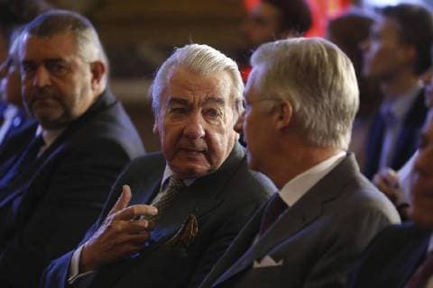 Baron Paul Buysse and King Philippe - Filip of Belgium pictured during the award ceremony of Belgodyssee at Royal Palace, Thursday 14 December 2017 in Brussels.  NICOLASxMAETERLINCK 05218778