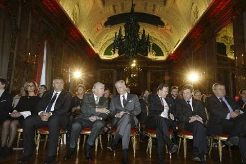 Arlin Bagdat, RTBF board chairman Jean-François Raskin, Baron Paul Buysse, King Philippe - Filip of Belgium, Alexis Brouhns, Baron Luc Vansteenkiste and Paul Lembrechts pictured during the award ceremony of Belgodyssee at Royal Palace, Thursday 14 December 2017 in Brussels.  NICOLASxMAETERLINCK 05218777