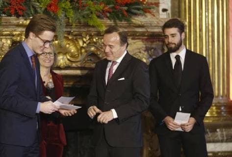 Ruben Matthys (L) and Milan Berckmans(R) pictured during the award ceremony of Belgodyssee at Royal Palace, Thursday 14 December 2017 in Brussels.  NICOLASxMAETERLINCK 05218774