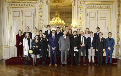 Ruben Matthys, King Philippe - Filip of Belgium and Milan Berckmans pictured during the award ceremony of Belgodyssee at Royal Palace, Thursday 14 December 2017 in Brussels.  NICOLASxMAETERLINCK 05218693